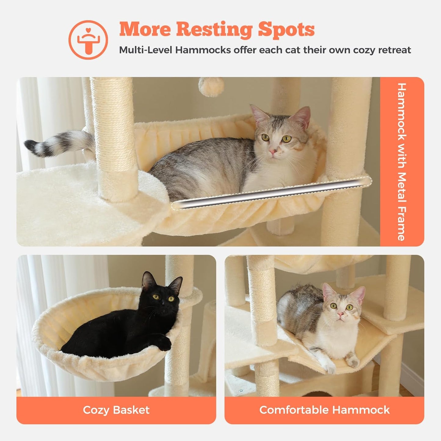 Large Cat Tree for Big Cats & Multi-Cat Homes, 81 Inch Tall Cat Tower with Sturdy Metal Hammock, 6 Sisal Scratching Posts, 2 Cozy Condos, 2 Top Perches - Multi-Level Cat Tower, Beige