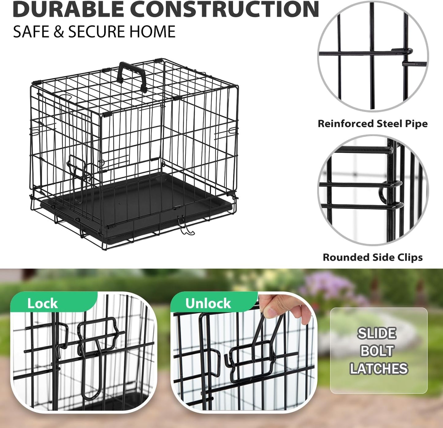 BestPet | Dog Crate | 18" | Black | Foldable Metal Kennel with Double Doors, Secure Slide-Bolt Latches, Leakproof Tray | Portable Dog Cage for Small Breeds | for Travel, Indoor & Outdoor Use
