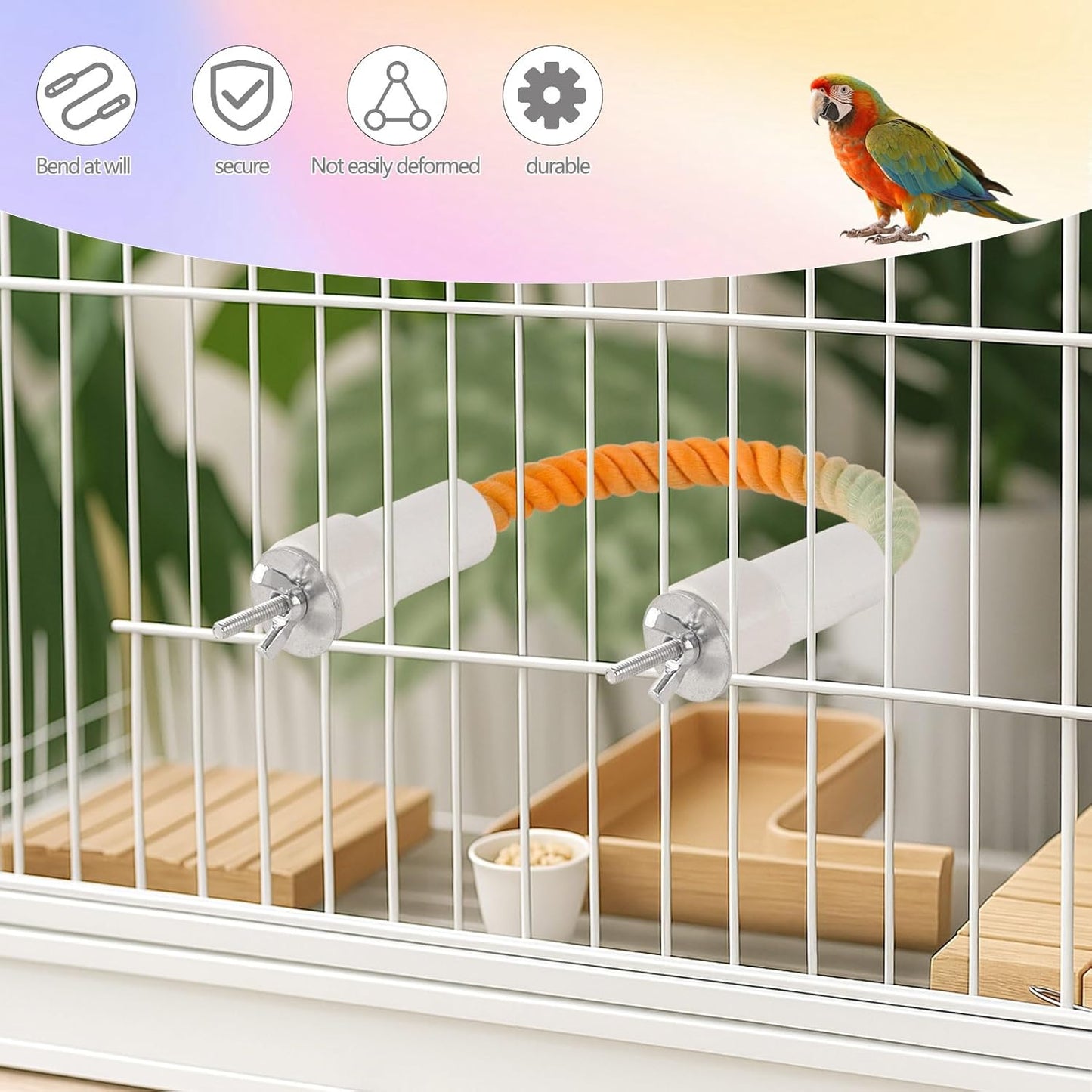4Pcs Rope Perches for Bird Cages, Bendable Climbing Rope Cage Accessory Toy, Perfect for Parrots Cockatiels & Budgies, BirdToys, Swings & Ladders for Medium Birds
