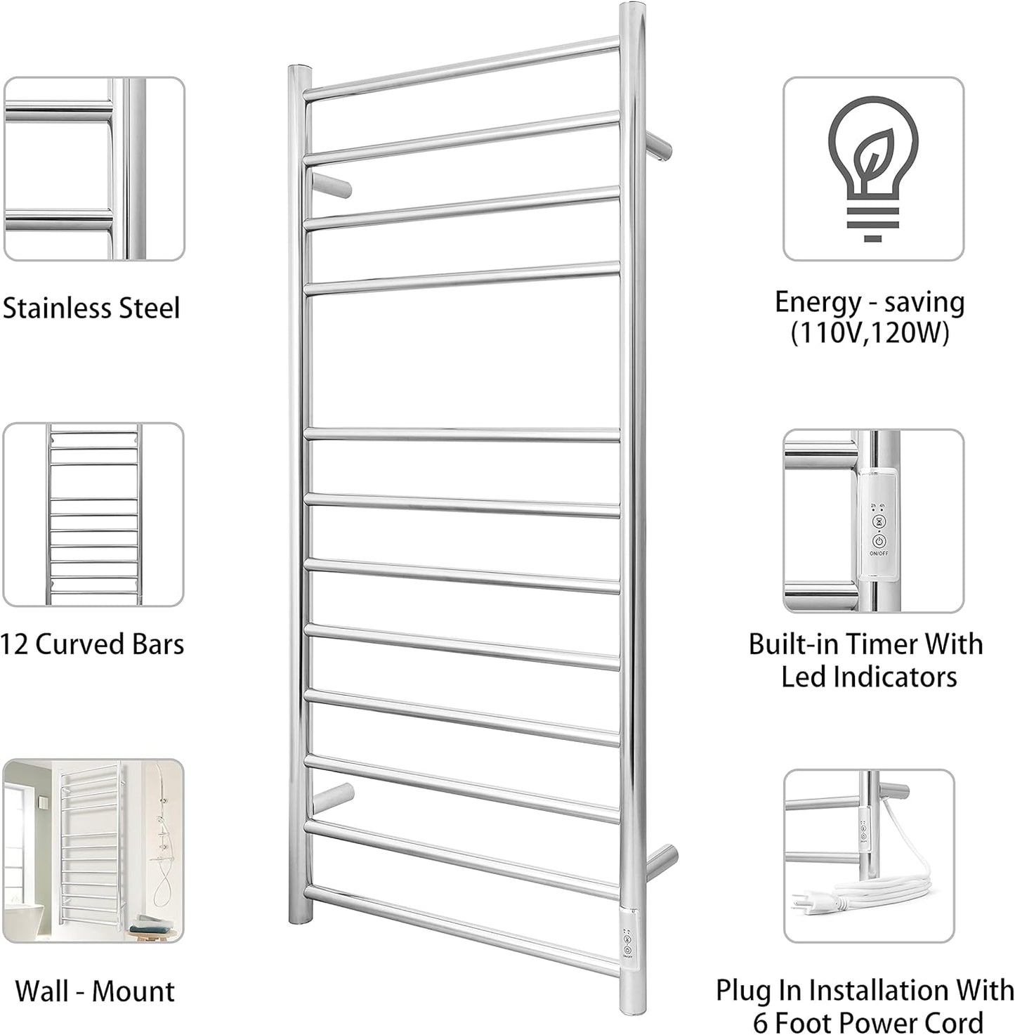 KEG Towel Warmer Wall Mounted with Built-in Timer 12 Bars Electric Stainless Steel Heated Towel Racks for Bathroom, Hot Plug-in Bath Towel Heater Polish Chrome