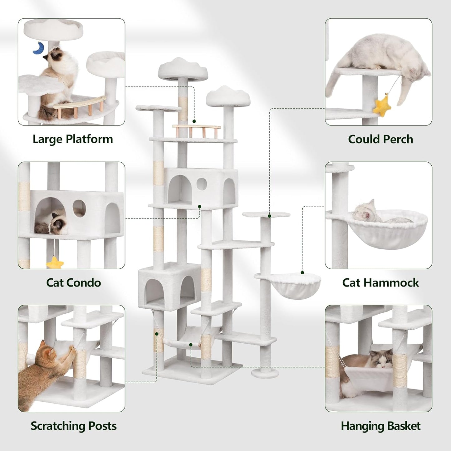 85in Tall Cat Tower for Heavy Duty Big Cats, Large Cat Tree with Scratching Post, Plush Perches, Cozy Cat Condos & Hanging Hammocks for Maine Coon, White