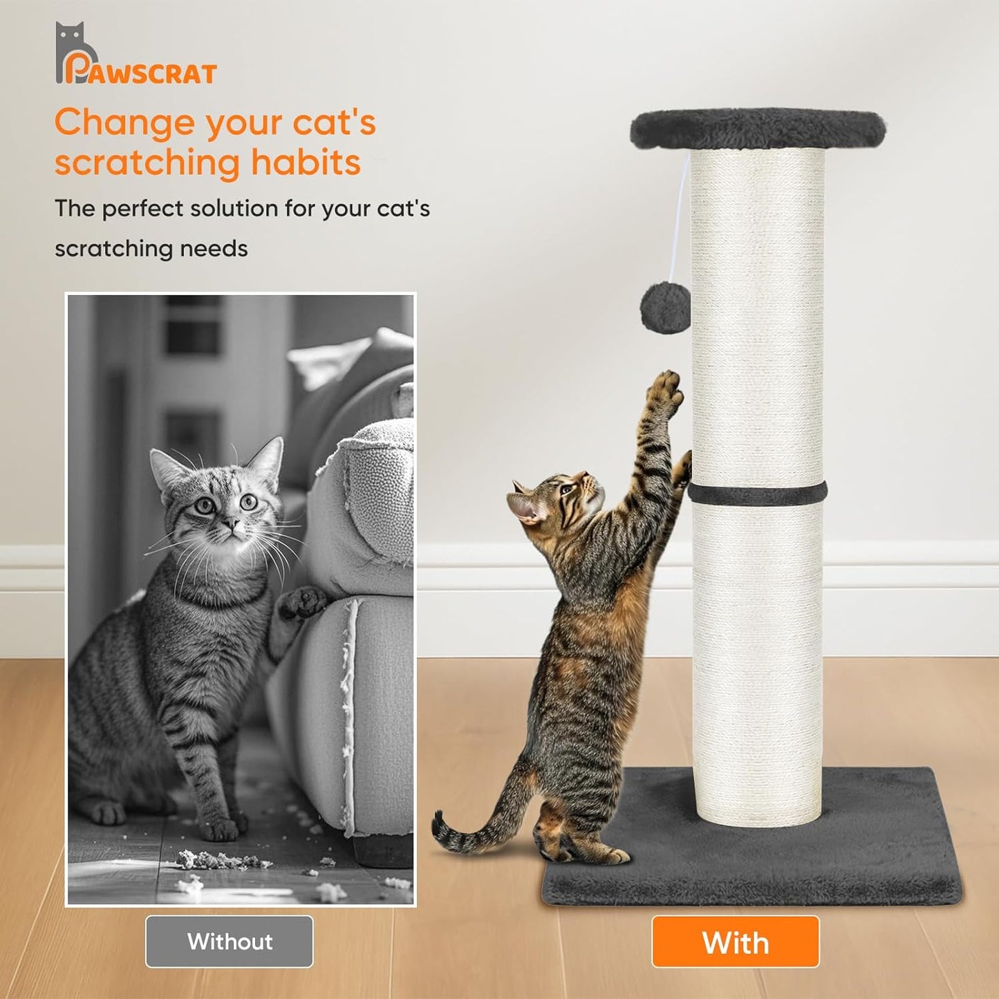PAWSCRAT Cat Scratching Post 32" Tall, Large Diameter Natural Sisal Cat Scratch Post with Dangling Ball, Scratch-Resistant and Durable Tall Cat Scratcher for Indoor Cats, Protect Your Furniture, Grey