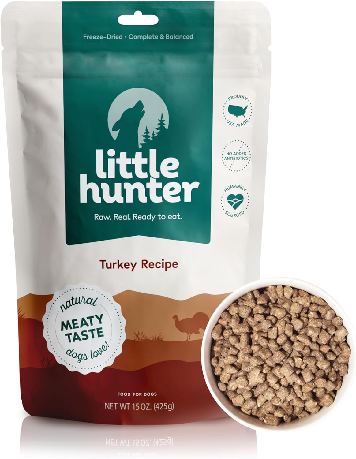 Little Hunter Freeze Dried Turkey Raw Dog Food | Grain Free, Limited Ingredient, Single Protein Meal or Mix in Topper | Novel Protein Kibble Alternative | 15 oz Bag