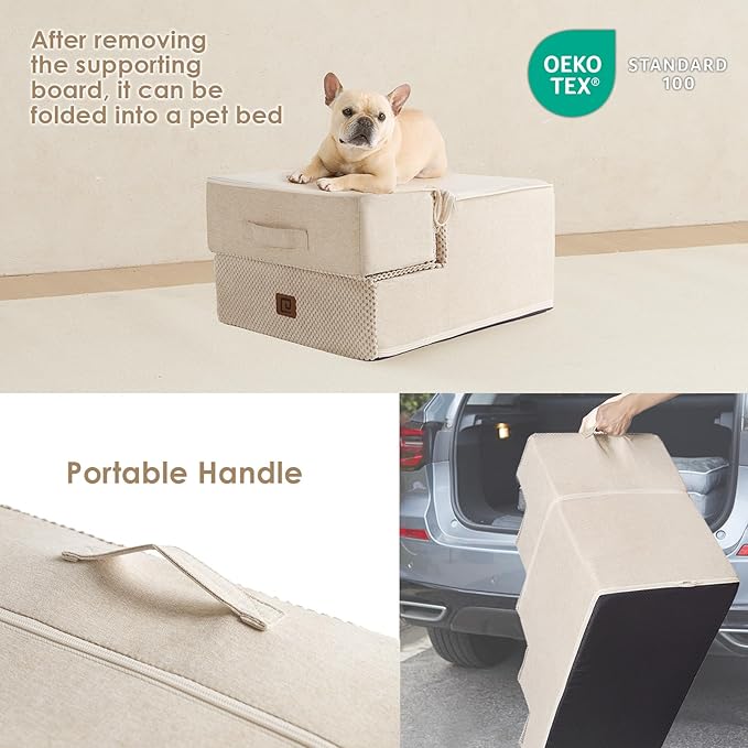 EHEYCIGA Dog Stairs for Small Dogs 13.5" H, 3-Step Dog Steps for Couch Sofa and Chair, Pet Steps for Medium Cats, Non-Slip Balanced Pet Ramp Indoor, Beige