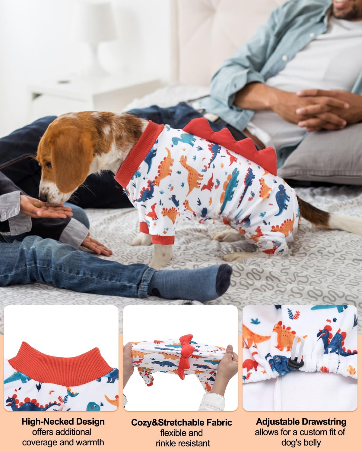 CuteBone Dinosaur Costume Dog Pajamas, Stretchy Spandex Crystal Velvet Sleepwear Coat for Small Dogs, Soft & Warm Pet Outfit Clothes for Cold Weather, Cozy Pullover Design COSP02L