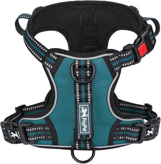 PoyPet No Pull Dog Harness, No Choke Front Clip Reflective Dog Vest with Soft Padded Vertical Handle, 3 Leash Attachments for Small Medium Large Dogs (Tumalo Teal,S)