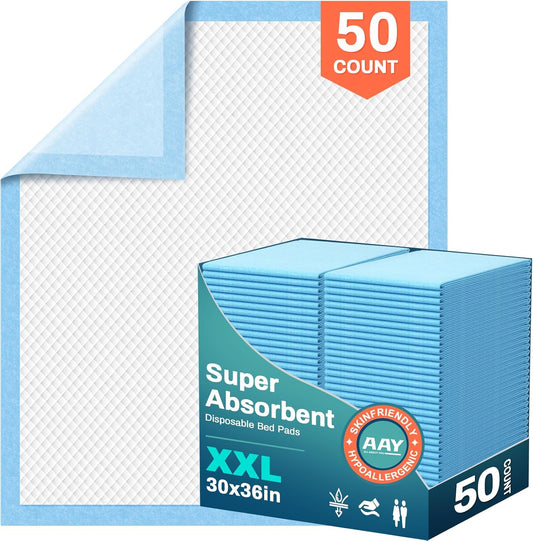 AAY Bed Pads Disposable 30" x 36" (50 Count), Extra Large Super Absorbency Disposable Underpads for Incontinence, Premium Leakproof Protective Chucks Pee Pads for Adult, Kids, Puppy Training