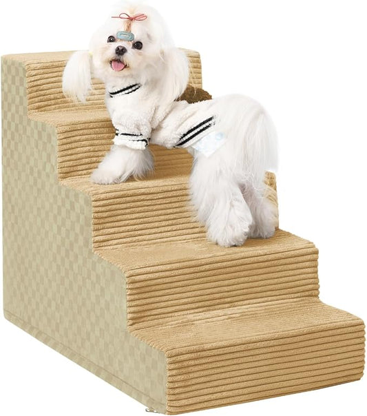 Dog Stairs for Small Dogs,22" H,5-Step Dog Steps for Bed and Couch with High Density Foam,Non-Slip Pet Steps for Doggy and Cat,Pet Stairs with a Washable Cover,Khaki