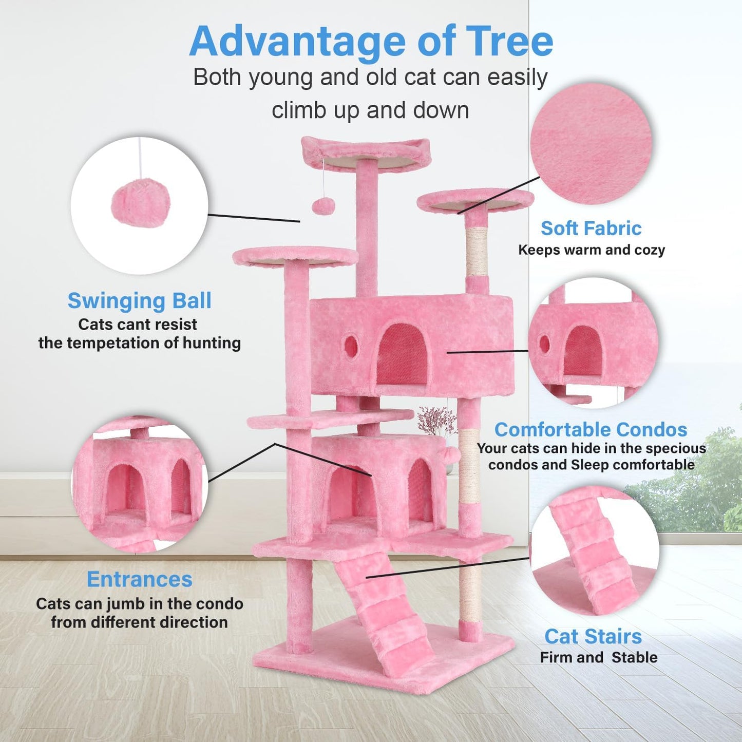FDW Cat Tree 54in Cat Tower Multi-Level Durable Cat Scratching Post & Cozy Fun Cat Jumping Platform Space Saving Cat Condo Pet Play House for Indoor Cats,Pink