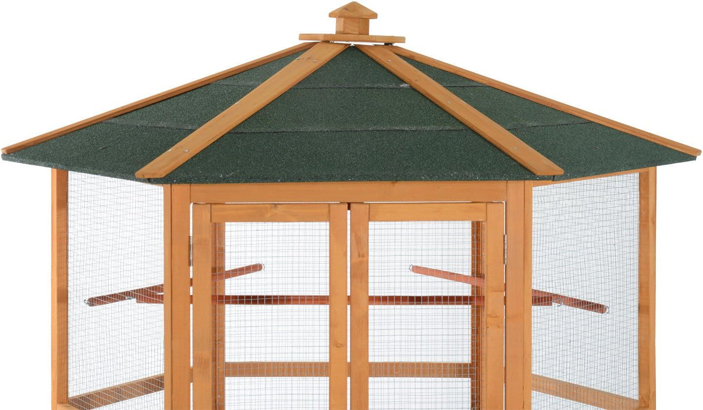 PawHut 69" Large Wooden Hexagonal Outdoor Aviary Flight Bird Cage with Covered Roof, Brown