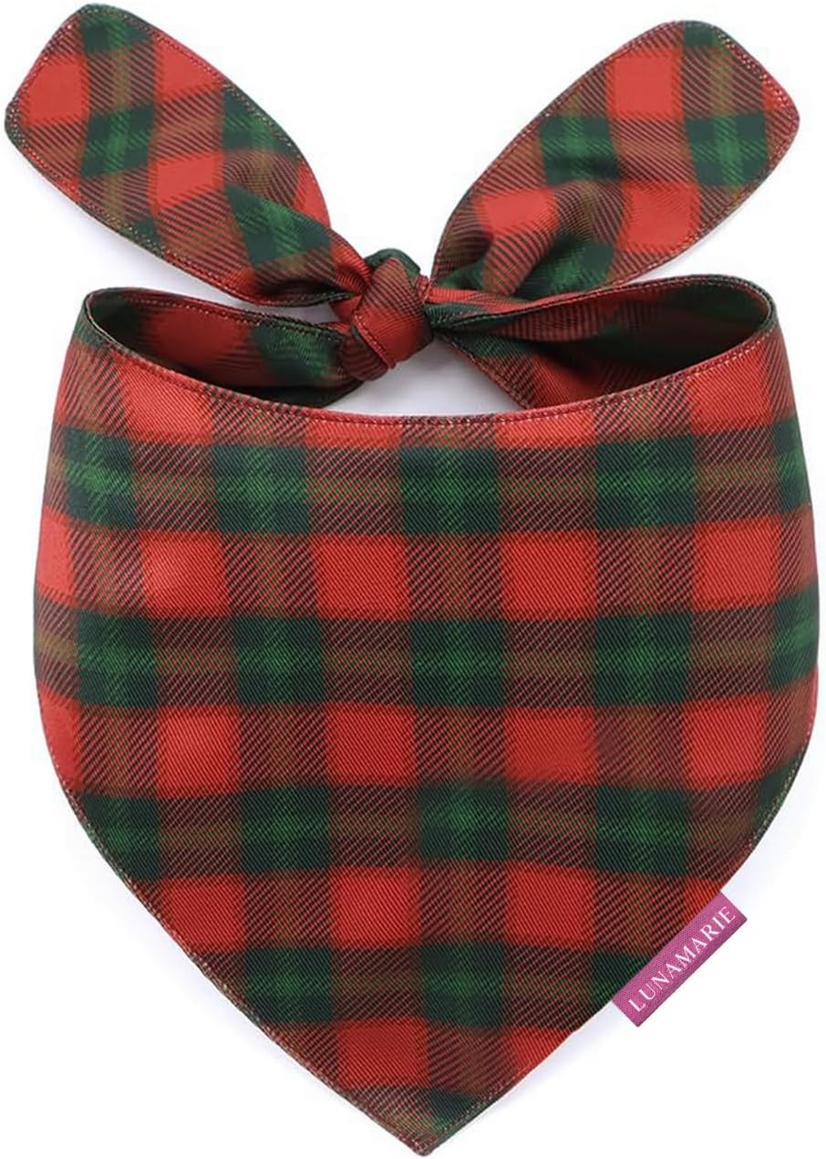 LunaMarie - Luxury Pet Birthday Bandanas -Premium & Silky Poly Fabric | 100% Handmade | Custom Shape Dual Layered (Jingle Plaid, Small)
