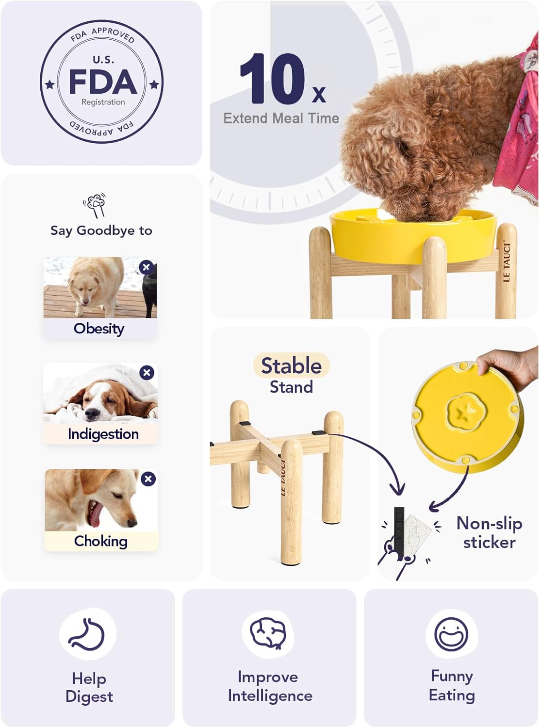 LE TAUCI Ceramic Slow Feeder Puzzle Bowl Elevated 1.5 Cup with Wooden Stand for Small & Medium Dog, Fast Eater Food Bowl, Star Yellow