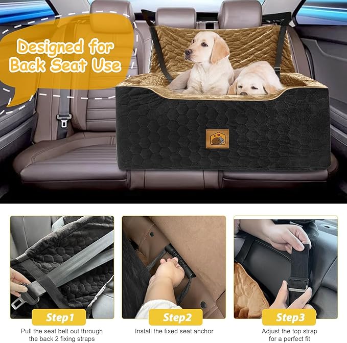 Dog Car Seat for Small/Medium Dogs, Memory Foam Dog Booster Seat, Travel Safety Per Car Seat with Washable Removable Cover, Storage Pockets for Dogs up to 35 lbs(BlackBrown)