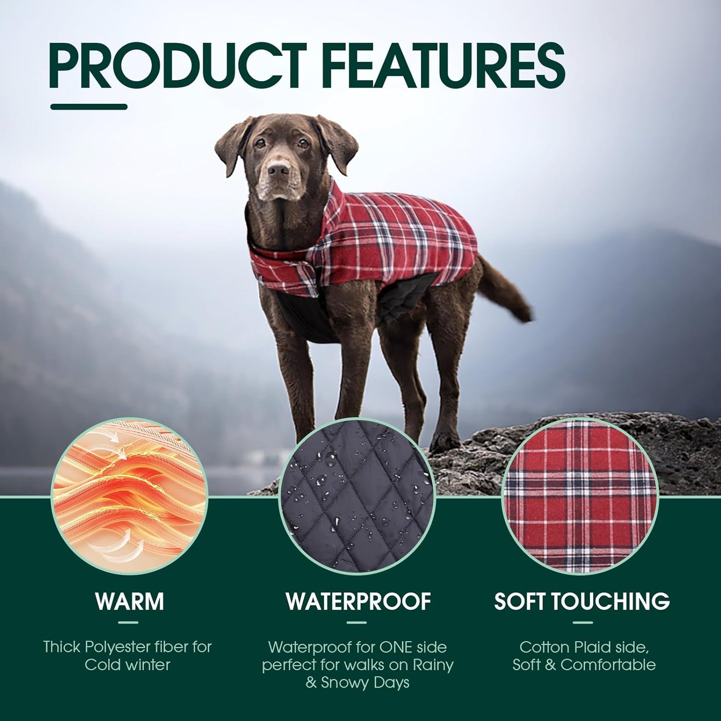 Kuoser Waterproof Dog Coat, Reversible Dog Jacket for Large Dogs, Adjustable Durable Doggie Winter Coat for Groowing Puppies Warm Puppy Cold Weather Apparel, Red L