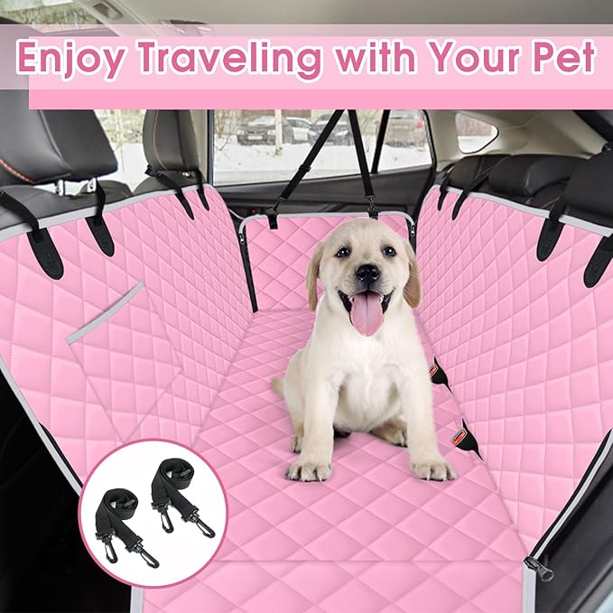 Waterproof Dog Car Seat Cover for Back Seat - Durable, Scratch Proof Pet Hammock with Nonslip Design & Storage Pockets, Fits Cars, SUVs, Trucks - S, Pink/Grey