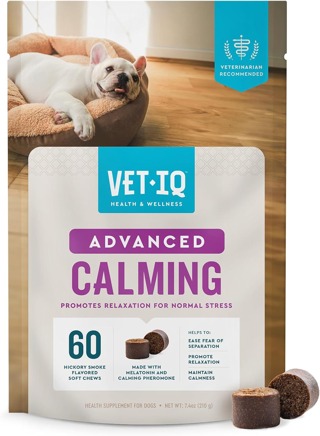 VetIQ Advanced Calming Support Supplement for Dogs, Calming Chews Help Manage Stress and Promote Relaxation, Anxiety Relief for Dogs, Made in The USA, 60 Count