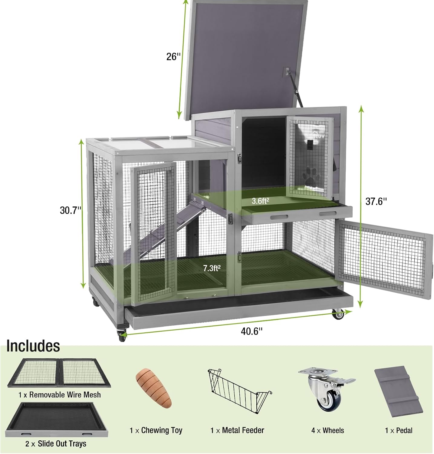 GUTINNEEN Two-Story Rabbit Hutch Large Bunny Cage with Wire Mesh Floor, Leak-Proof Trays, Lockable Wheels for Indoor and Outdoor Use, 40.6" L x 26" W x 37.6" H