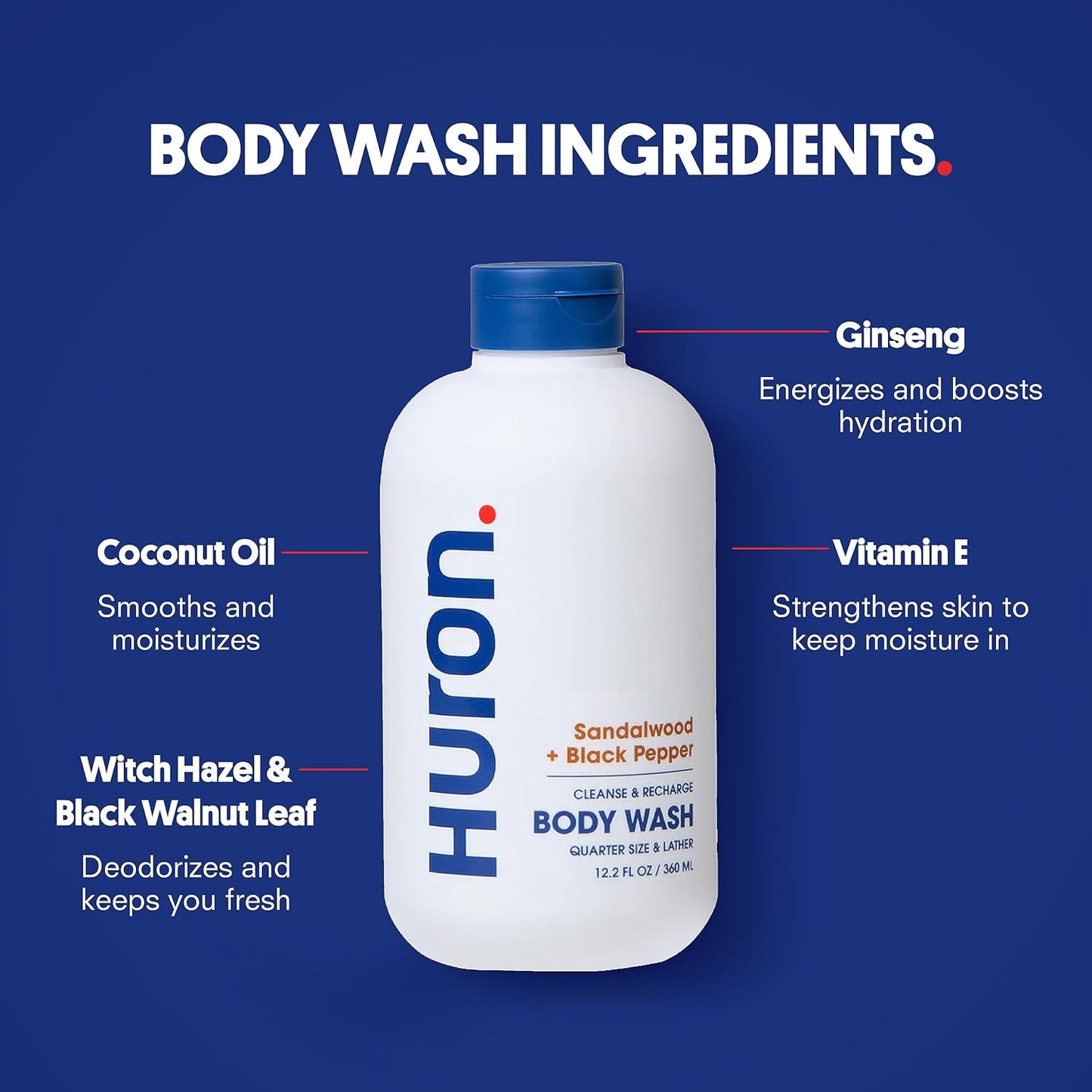 Huron Shower Kit - Shampoo, Conditioner, & Body Wash For Men - Sandalwood + Black Pepper Scent - Hydrating & Nourishing Men's Shampoo & Conditioner