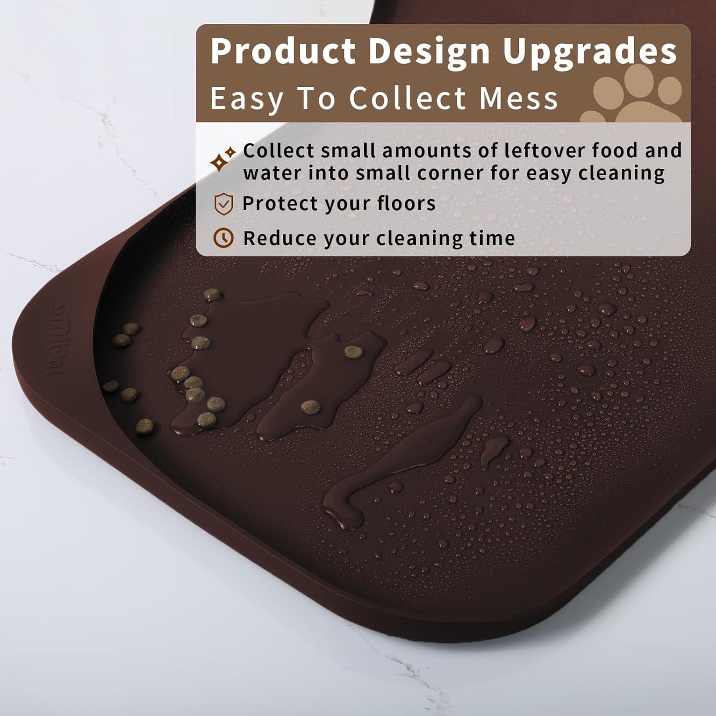 Silicone Pet Feeding Mat with Raised Edge & Residue Collection Pocket for Food and Water, Dog Bowl Mats, Cat Bowls Placemat with High Lip for Floor Waterproof, 19 x 12 x 0.7 Dark Brown