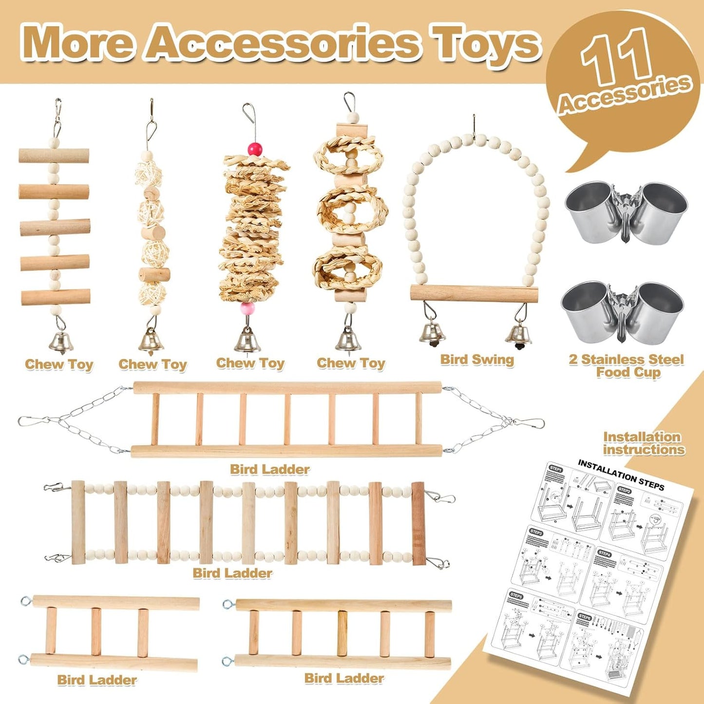 Bird Playground - Natural Wood Parrot Playstand with Perches, Bird Play Gym & Accessories, Removable Tray & 4 Stainless Steel Cups