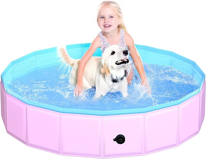 2025 Updated Foldable Dog Pool, 47" x 12" Kiddie Pool with Hard Plastic, Non-Slip Dog Bath Tub for Outdoor Backyard, Collapsible Dog Swimming Pool for Kids Dogs Pets (Pink)