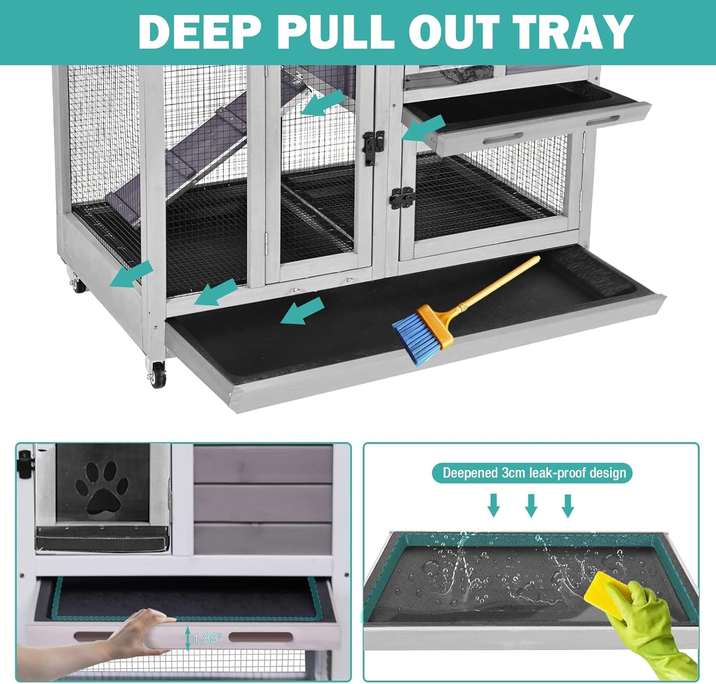 Rabbit Hutch Indoor for 2-4 Rabbits & Guinea Pigs，Bunny Cage with Slide-Out Plastic Trays，Wooden Small Animal Cage for Rabbits, Bunnies, and Guinea Pigs (Light Grey)