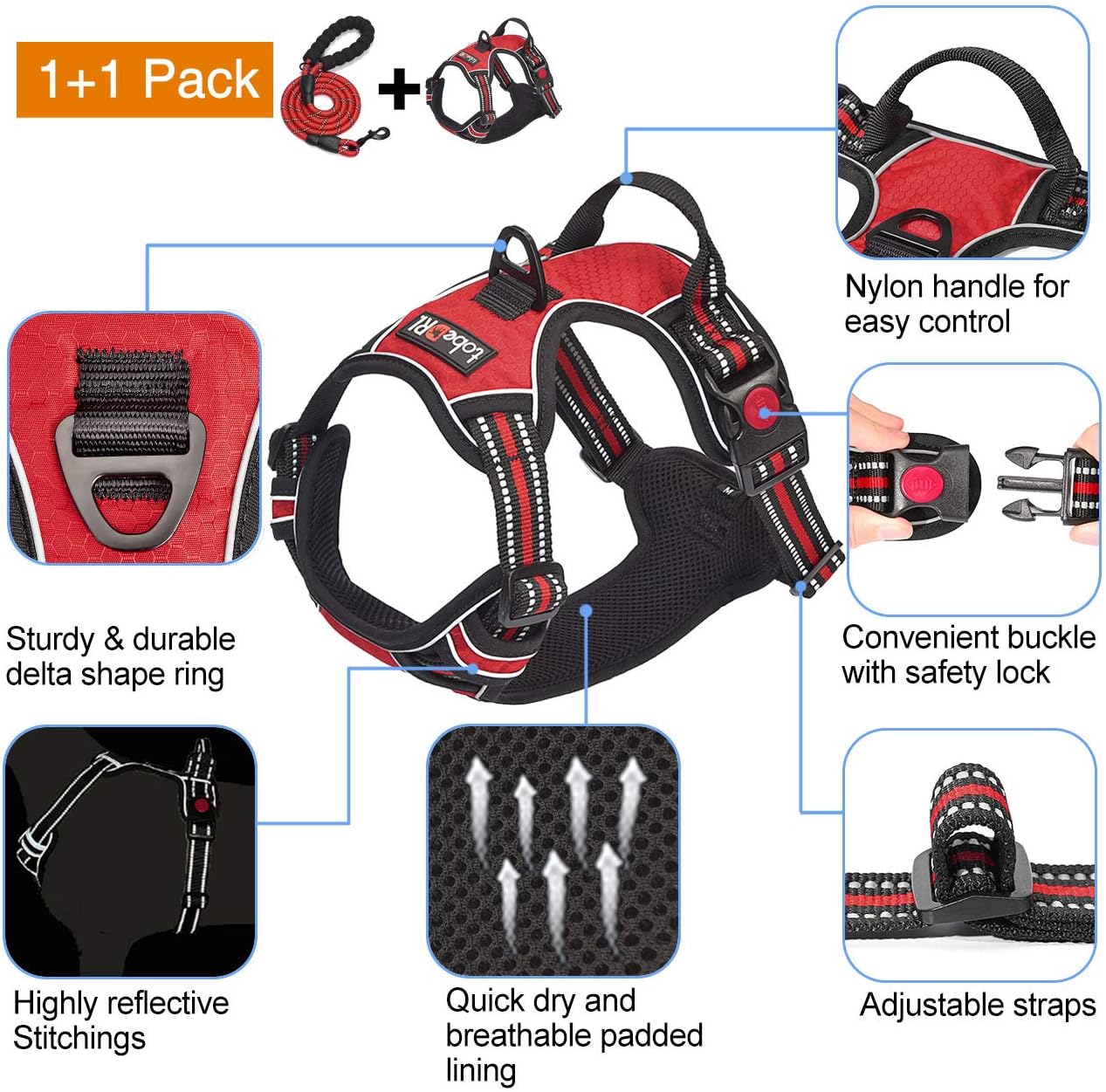 No Pull Dog Harness Adjustable Reflective Oxford Easy Control Medium Large Dog Harness with A Free Heavy Duty 5ft Dog Leash (M (Neck: 14.5"-20.5", Chest: 22"-28"), Red Harness+Leash)
