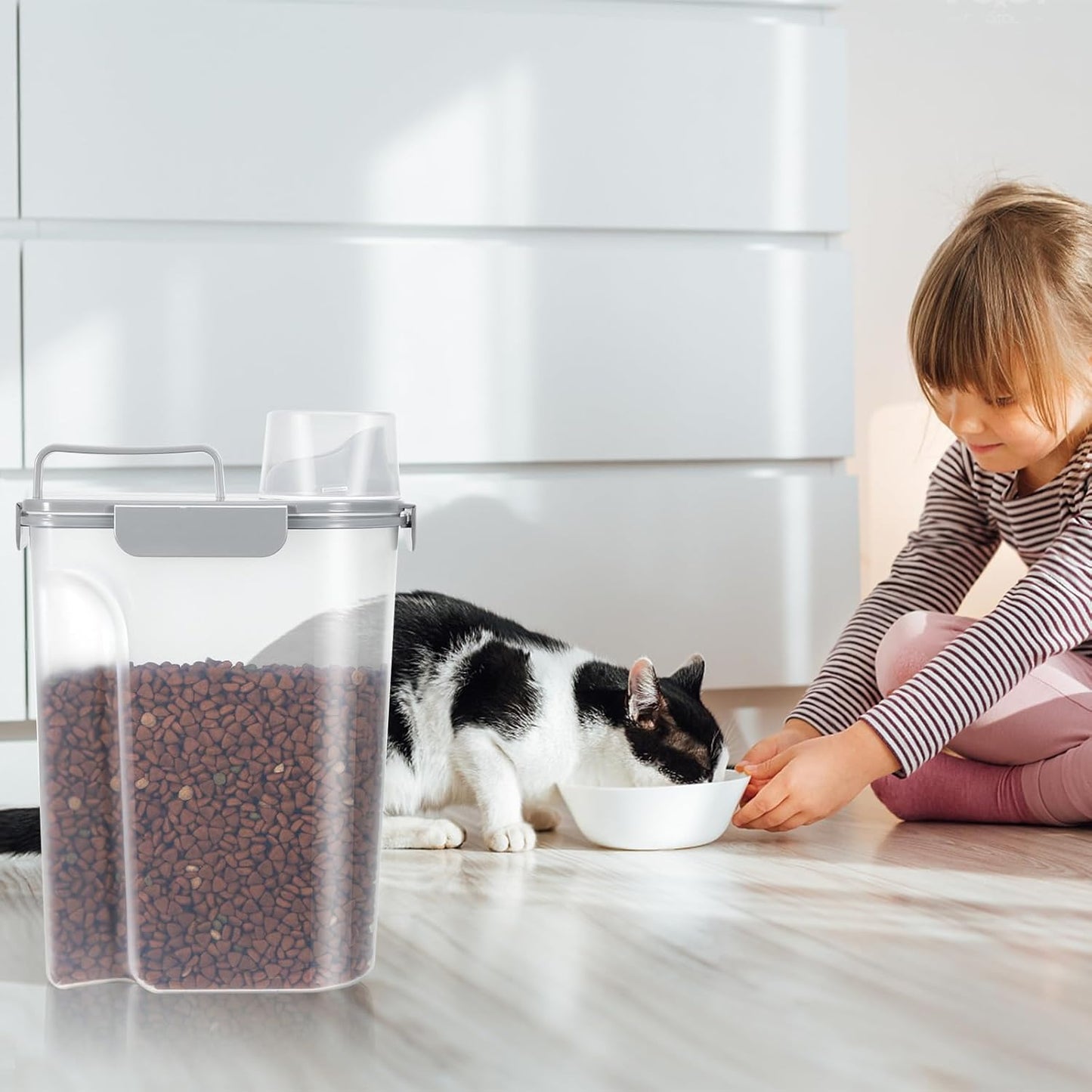 5-7Lbs Dog Cat Food Storage Container with Upgraded Large Nozzle BPA-free, 4 Snap Seals Plastic Pet Food Storage Containers with Handles (2, Light Green+Light Gray, 5L)