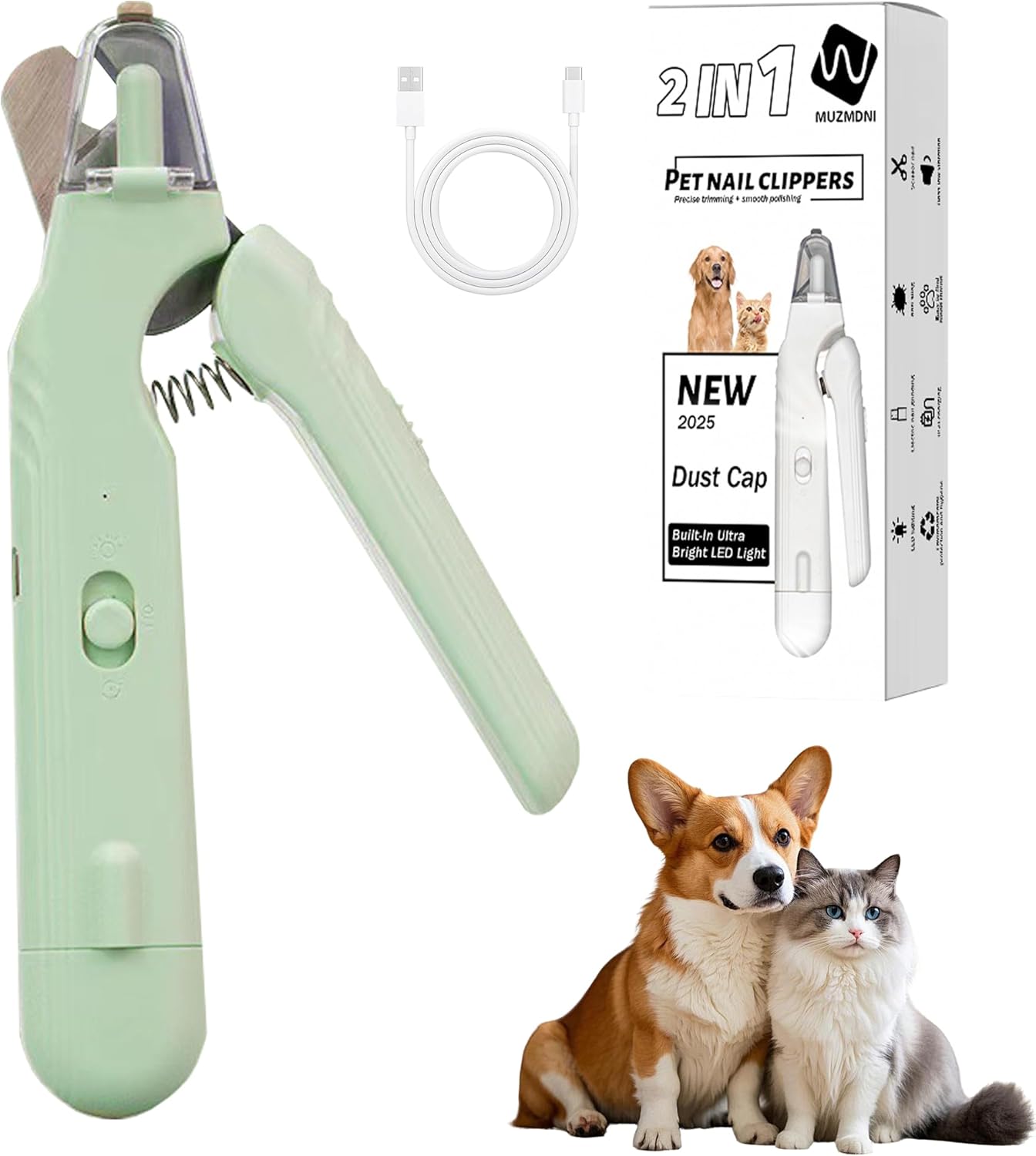 2-in-1 Dog Nail Grinder & Dog Nail Clippers Trimmers for Large Medium Small Dogs Cats Pets Claw Trimmer with LED Lights (Green)
