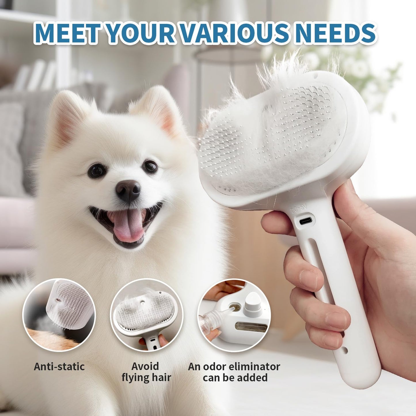 3 In 1 Self Cleaning Steamy Pet Brush - Anti-Static, Grooming Tool for Long and Short Hair Pets, Removes Loose Hair and Reduces Shedding, White