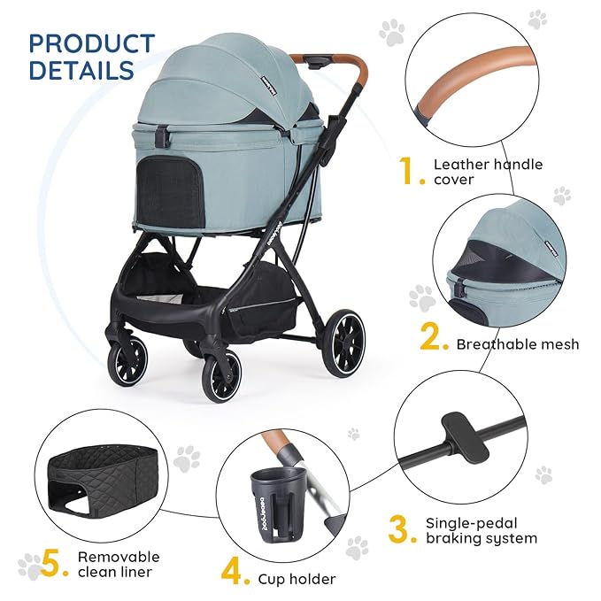 T5 Luxury Pet Stroller for Medium Dog Under 60lbs or 2 Small Dogs & Cats with 180 ̊Canopy, Sun Shades, Auto-Folding Stroller for Multiple Pets (Green)