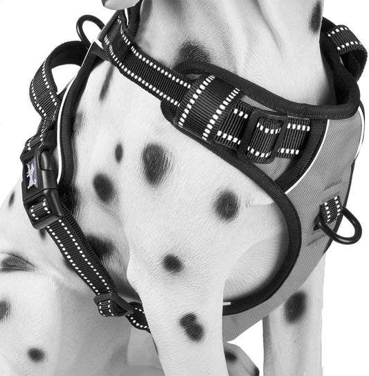 PoyPet No Pull Dog Harness, Reflective Comfortable Vest Harness with Front & Back 2 Leash Attachments and Easy Control Handle Adjustable Soft Padded Pet Vest for Small to Large Dogs (Gray,L)