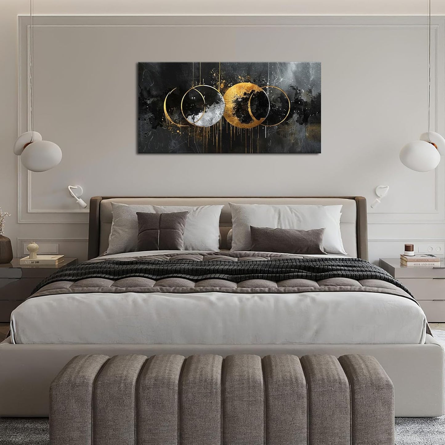 Quorin Abstract Sun Moon Large Wall Art Black and Gold Circle Pictures Sun and Moon Wall Decor Canvas Print Painting Artwork for Bathroom Living Room Bedroom 30"x60"