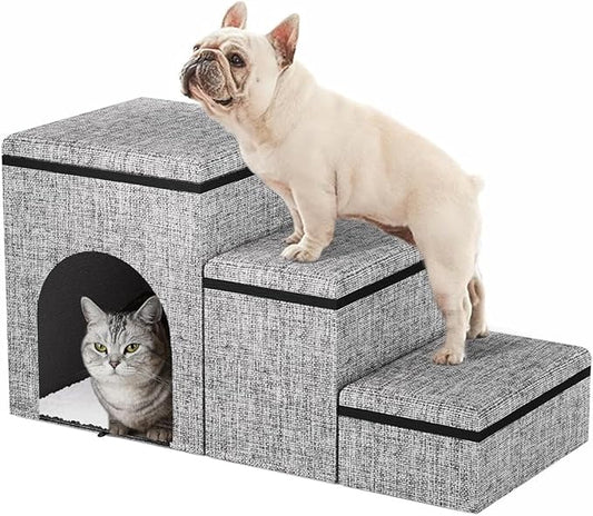 Dog Stairs with Storage, 3-Step Wider Dog Steps with Condo for Dogs and Cats, Pet Stairs for High Bed Climbing, Grey