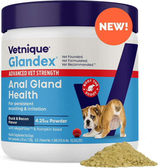 Glandex Dog Fiber Supplement Powder for Anal Glands with Pumpkin, Digestive Enzymes & Probiotics - (Regular or Advanced Strength) - Boot The Scoot (4.25 oz, Advanced Strength Duck & Bacon)