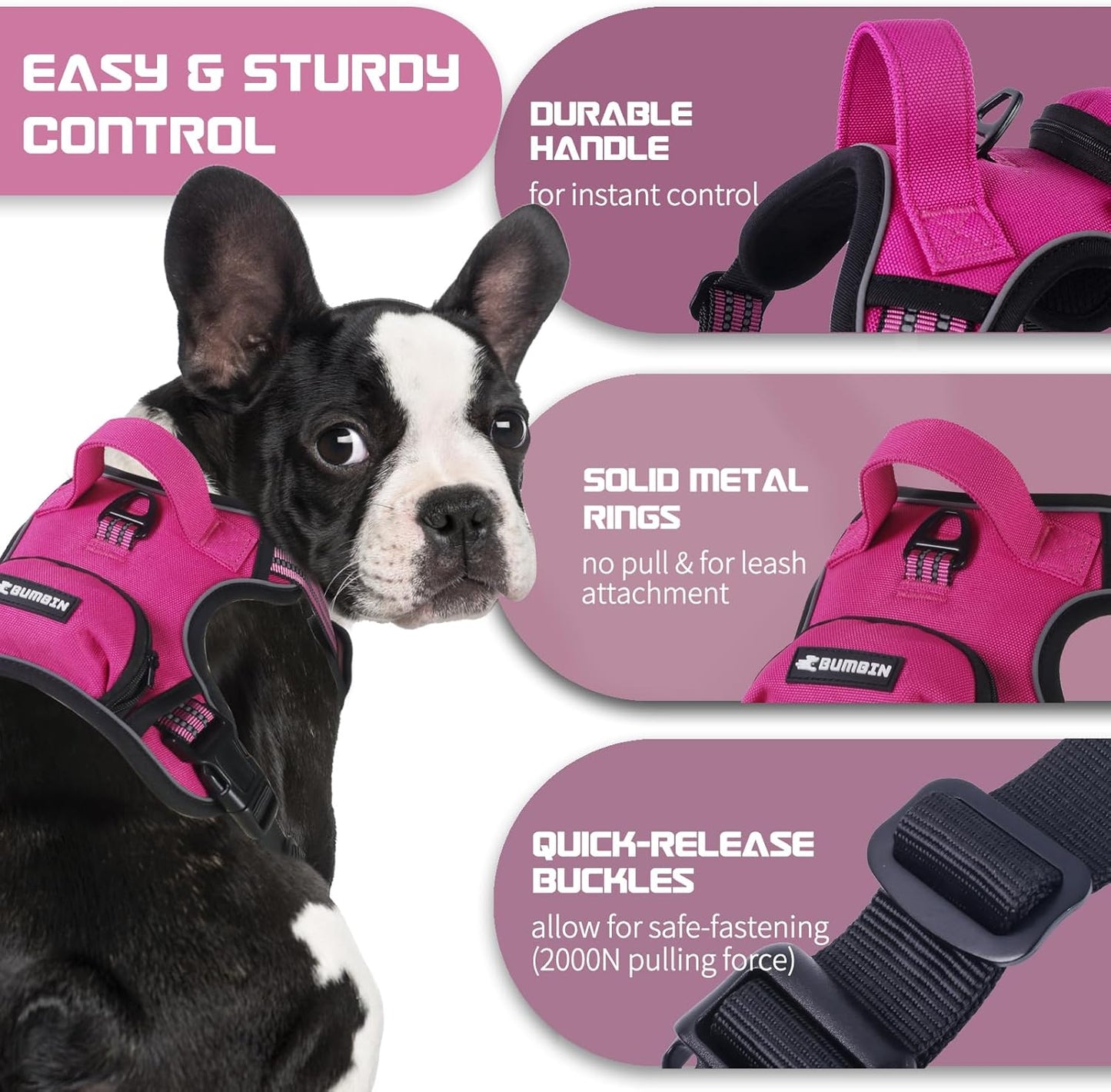 BUMBIN Dog Harness for Large Dogs, No Pull Adjustable No Choke Pet Vest with Dog Leash Fit Smart Reflective Pet Walking Harness for Training Easy Control Soft Handle Rose Red L