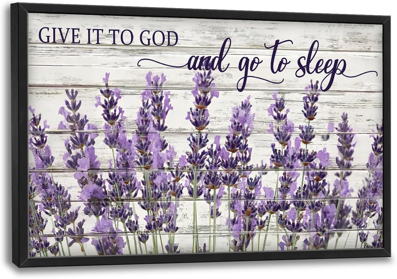 Large Lavender Wall Art for Living Room, Framed Oversized Rustic Floral Wall Decor Christian Give It To God Canvas Painting Modern Artwork for Living Room Bathroom Bedroom Office Dining Room 36"x24"