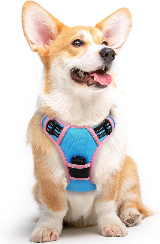 Eagloo Dog Harness for Large Dogs, No Pull Service Vest with Reflective Strips and Control Handle, Adjustable and Comfortable for Walking, No Choke Harness with 2 Metal Rings, Pink & Blue, M