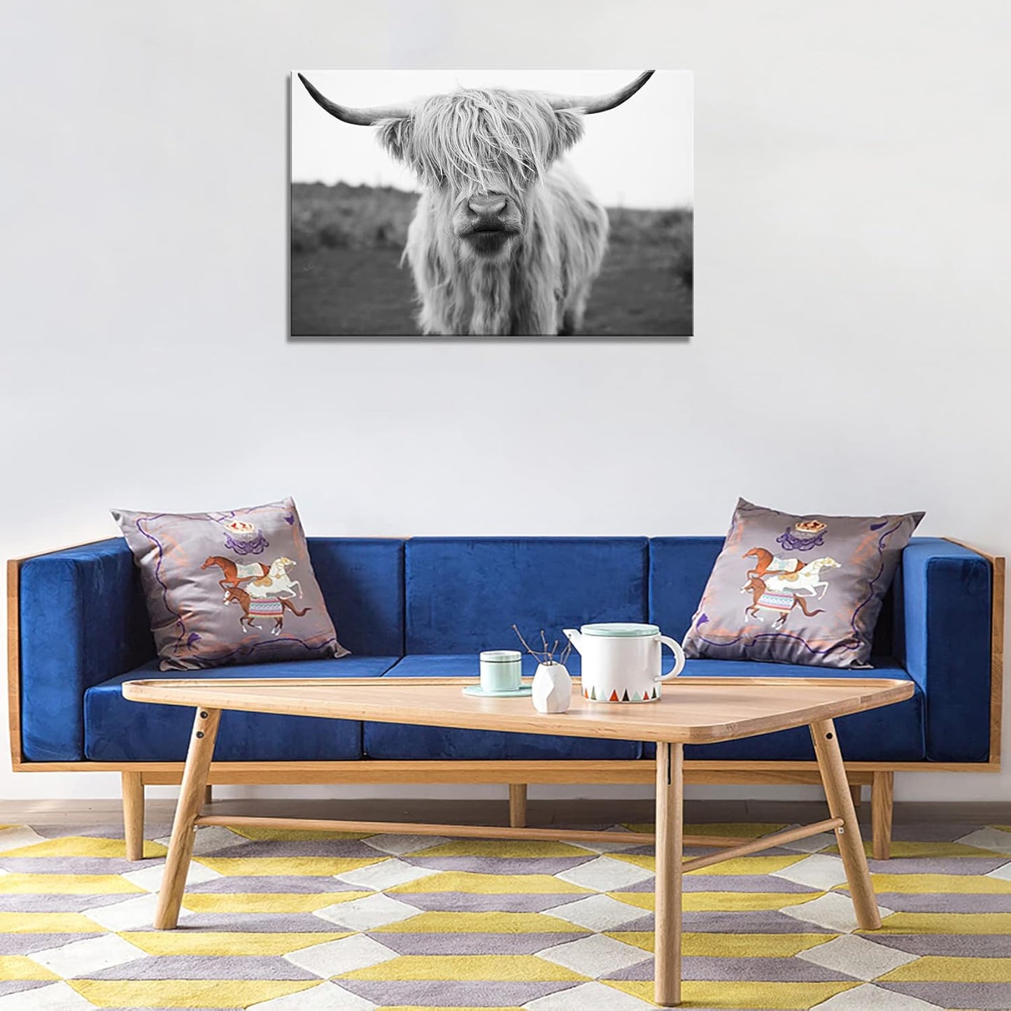 XXMWallArt FC3681 Highland Cow Canvas Art - Black and White Animal Wall Art for Living Room, Bedroom, Office Wall Decor
