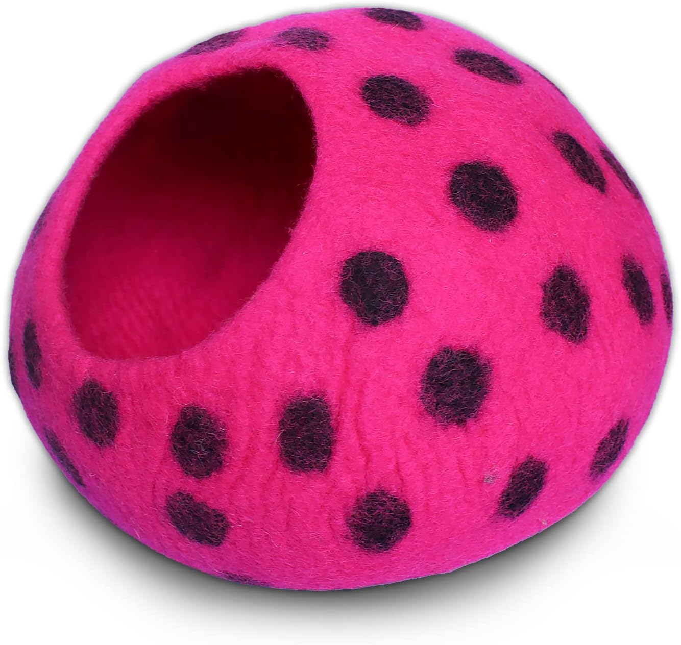 Woolygon Premium Felt Cat Cave Bed - Polka Dot Series - Wool Kitty Beds Handcrafted Kitten Caves Bed for Indoor Cats - Eco-Friendly Merino Wool, Foldable Cat Hideaway Cat Houses (Pink/Black Dots)