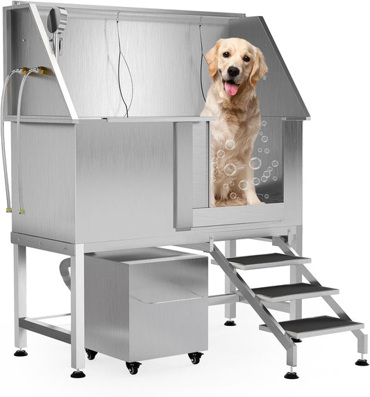 50" Stainless Steel Professional Dog Washing Station - Pet Bathing Tub w/Non-Slip Stairs & Storage Shelf | Slip-Resistant Floor Grate | for Large/Medium/Small Dogs