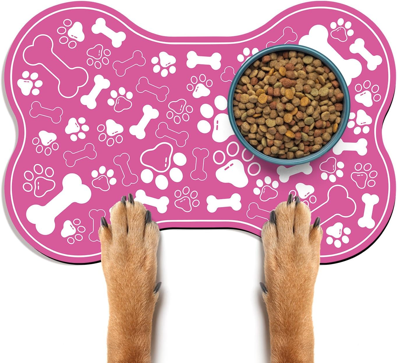 Dog & Cat Food Mat Bone Shaped Pet Feeding Mat Quick Absorb Water Bowl Placemat with Rubber Backing Indoor Floor Stain Resistant Pet Accessory Supplies (Pink Small, 12x18 Inches)
