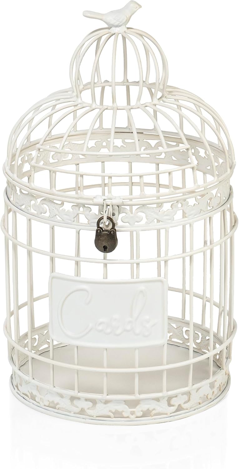 Red Co. 9.5” Dia Round Decorative Rustic Lockable Metal Birdcage Wedding Card Holder, White