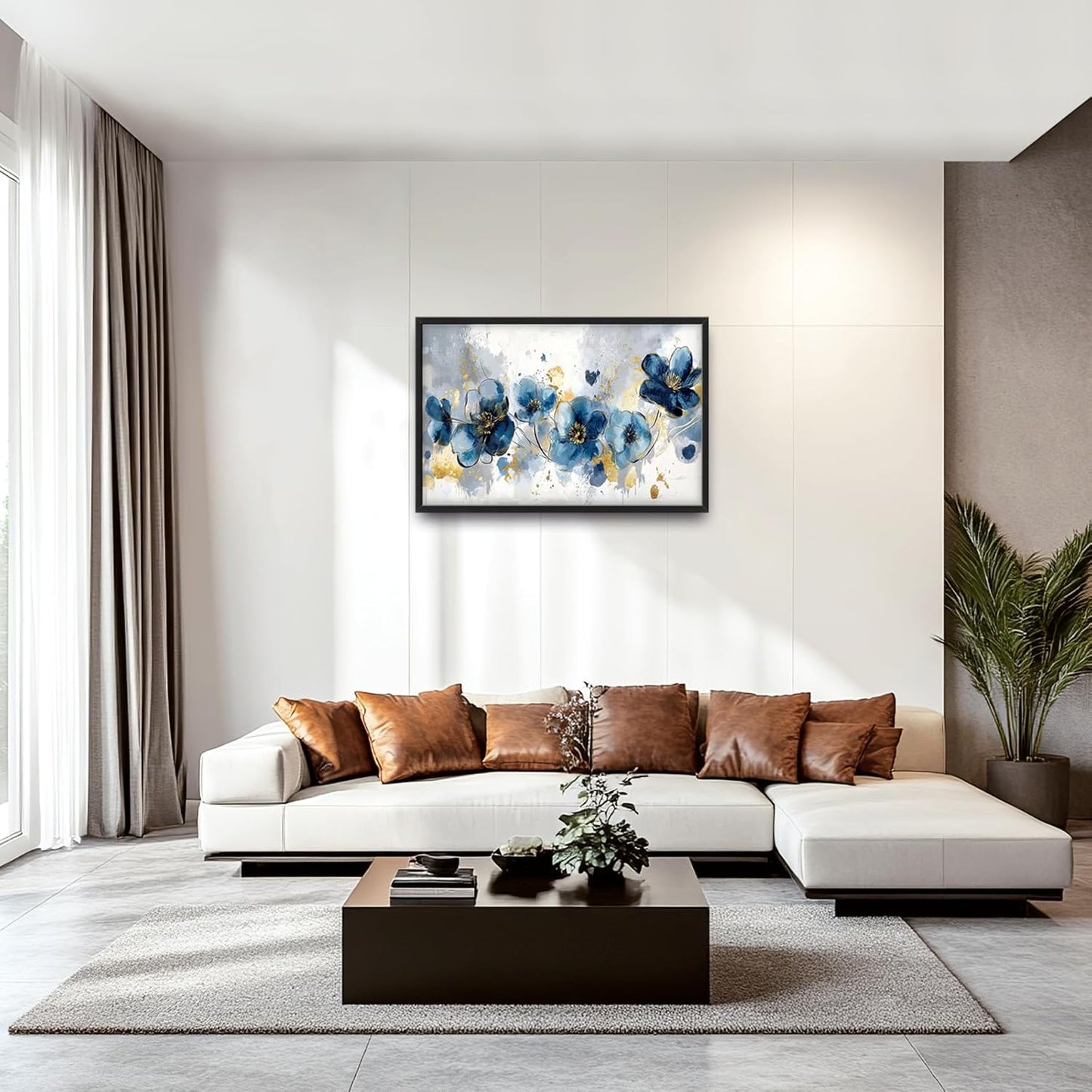 Extra Large Framed Abstract Blue Flower Wall Art,Oversized Golden Grey Floral Wall Decor Pictures for Living Room,Canvas Print Painting Modern Artwork Bedroom Office Bathroom Home Decor 36L" x 24W"