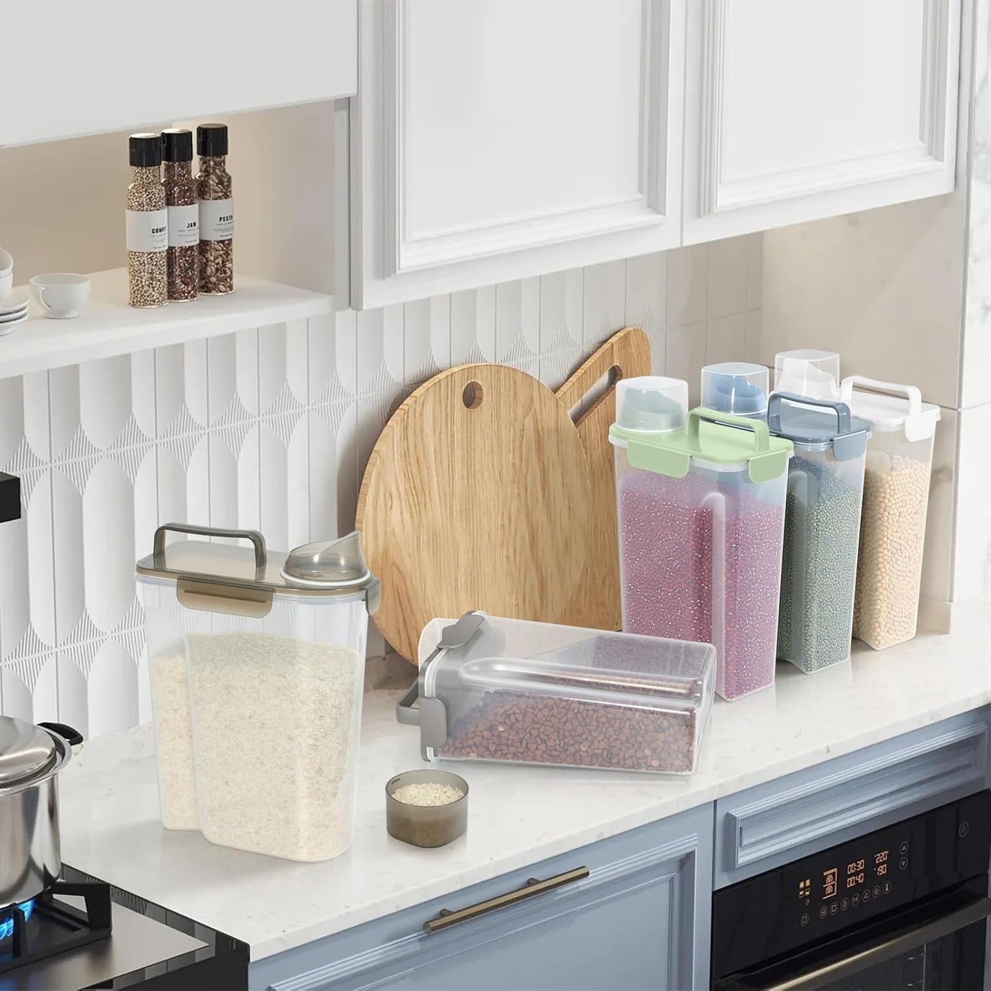 Large Spout Pet Food Storage Container, 10LBS Meter Dispenser with Handle,Measuring Cup, Double Sealing Tape and 4 Safety Snaps to Seal Dog Food and Cat Food