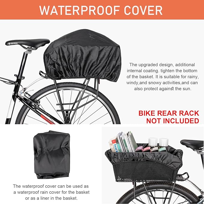 Rear Bike Basket - Large Bicycle Rear Basket with Cargo Net and Waterproof Cover, Wire Bike Baskets Rear Large Capacity (NO Bike Rack Include)
