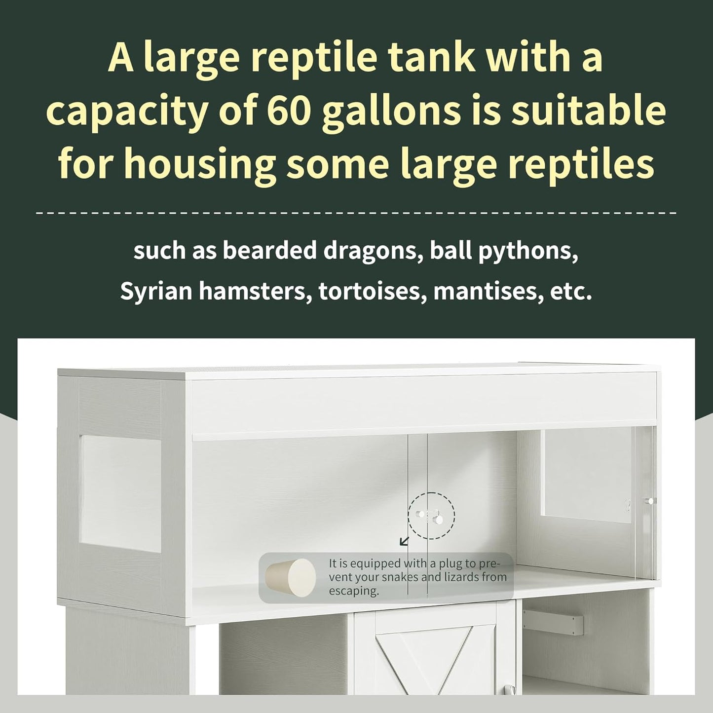 60 Gallon Reptile Tank with Stand, Terrarium Tank with Storage Cabinet, for Lizards, Skinks, Snakes, Sliding Acrylic Doors, Mesh Top, Built-in Power Outlet White PX02RTW