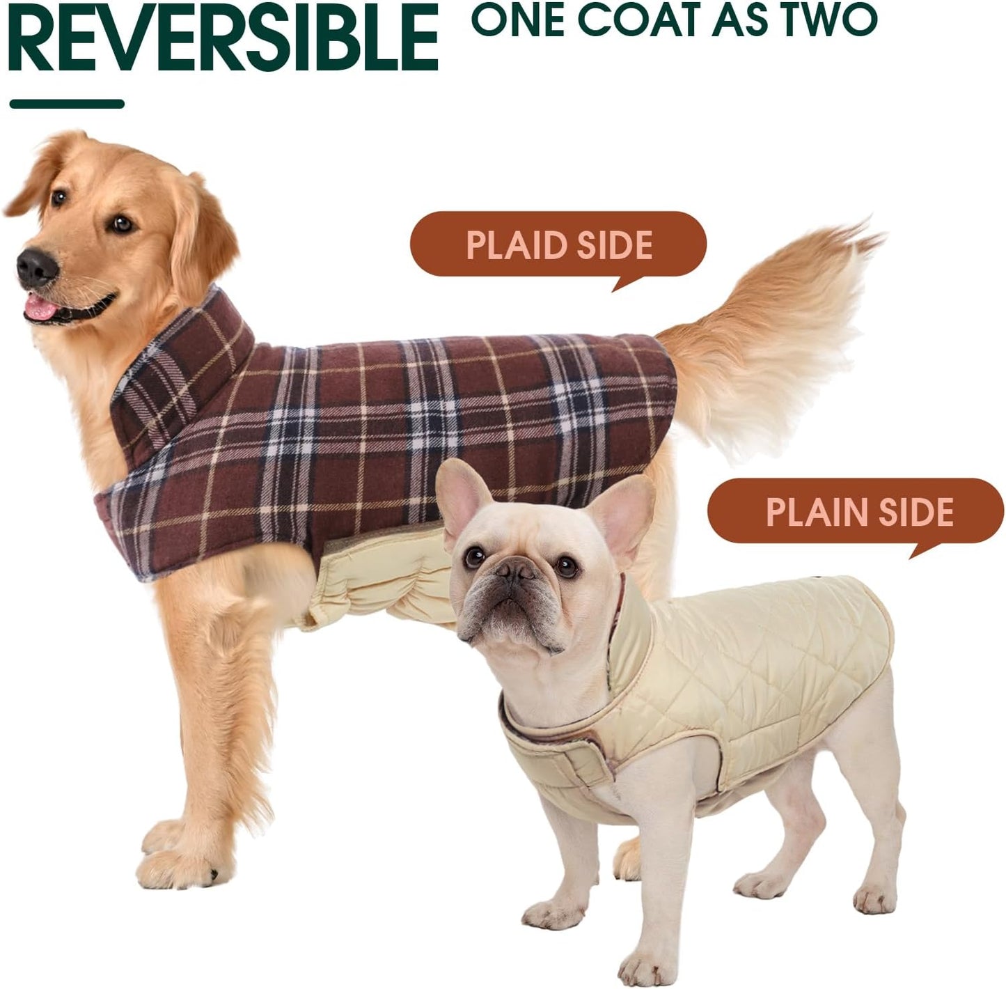 Kuoser Waterproof Dog Coat, Reversible Dog Jacket for Large Dogs, Adjustable Durable Doggie Winter Coat for Groowing Puppies Warm Puppy Cold Weather Apparel, Brown L