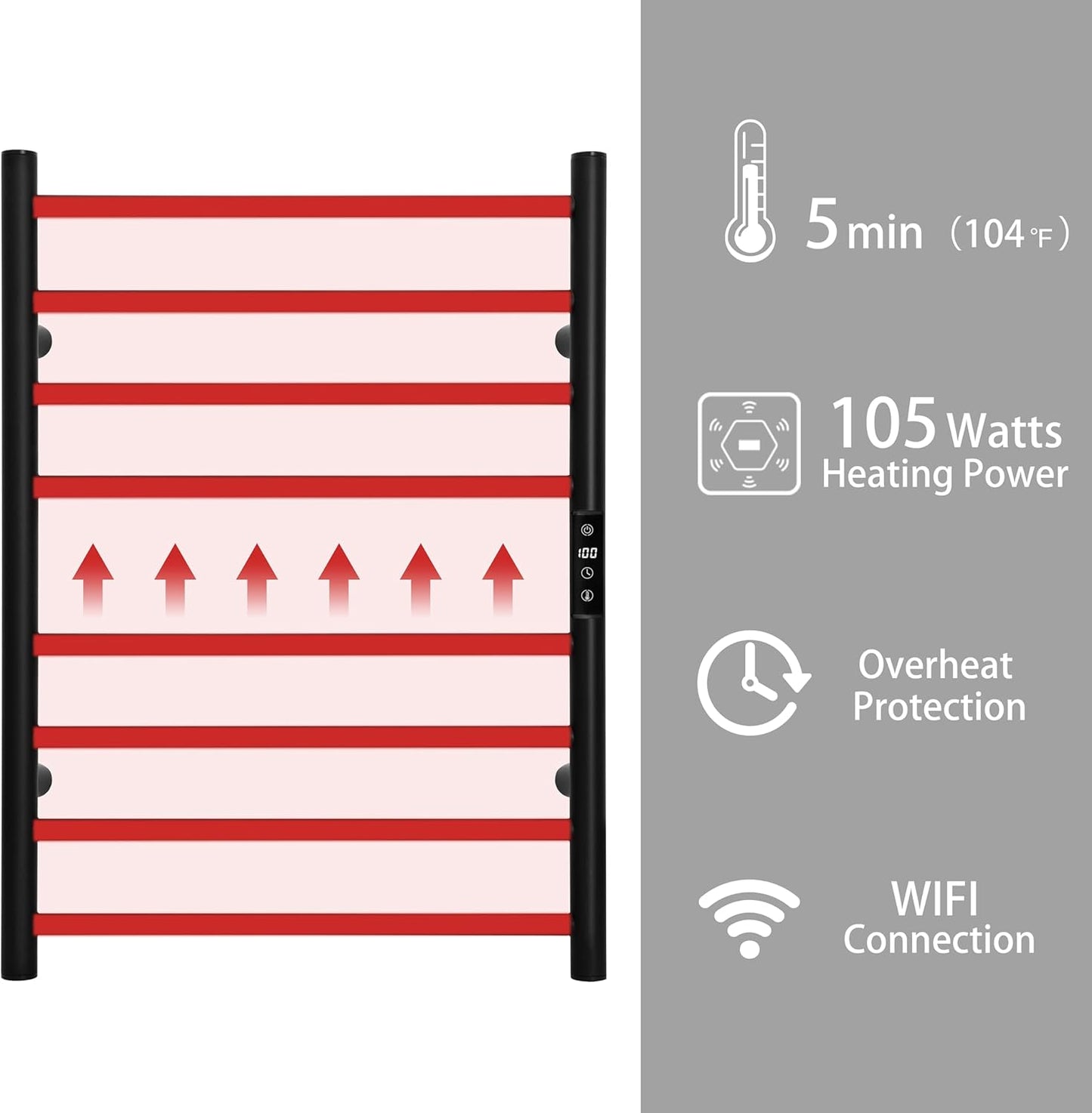 KEG Smart WiFi Towel Warmer Wall Mounted with Built-in Timer and Temperature Adjust Control, 8 Bars Electric Stainless Steel Heated Towel Racks for Bathroom Black