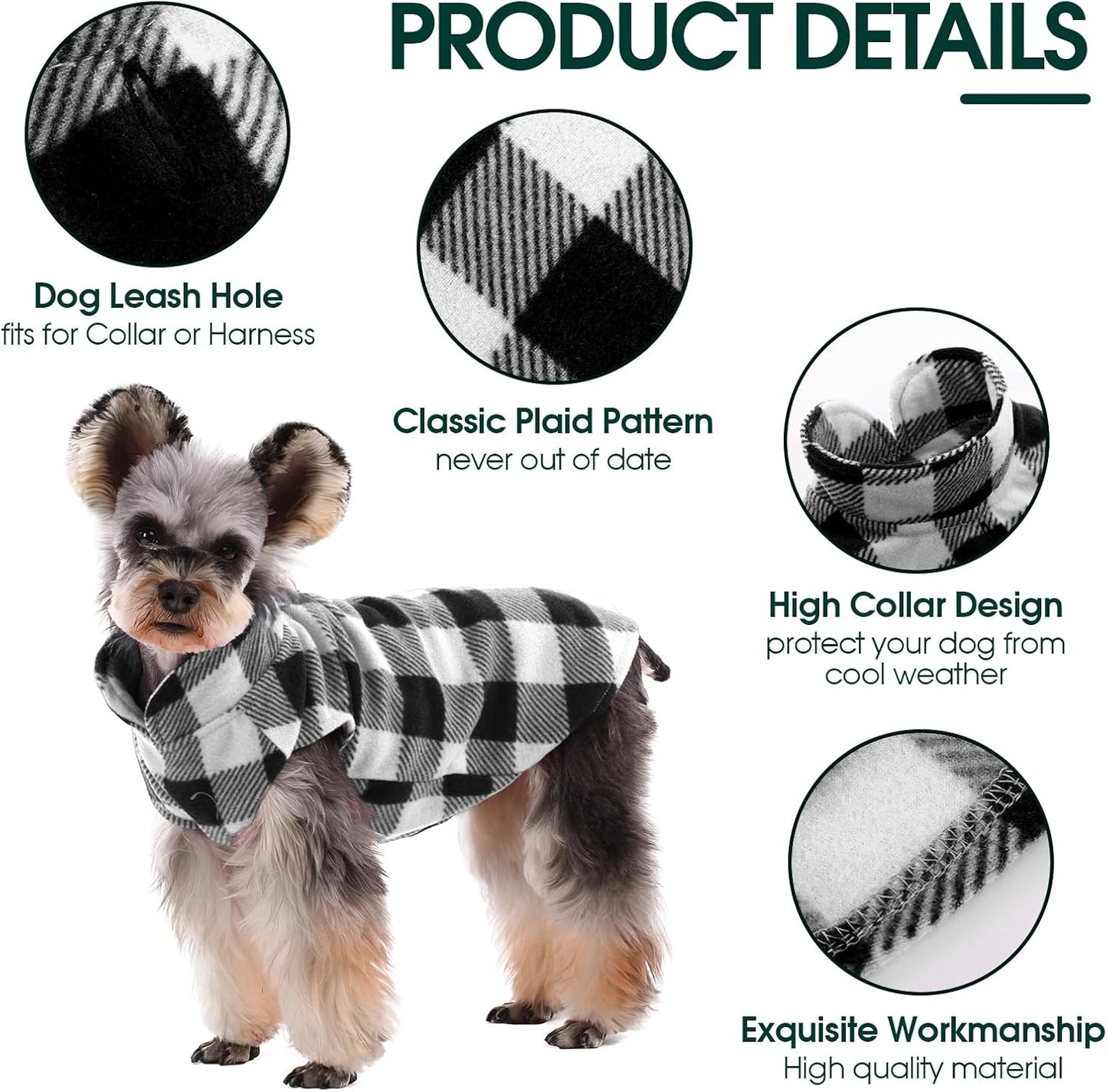 Kuoser Dog Fleece Vest,Warm Plaid Dog Sweater with Leash Hole,Soft Turtleneck Winter Pet Jacket Dogs Coat Pullover Clothes for Small Medium Dogs Cats,Spring Fall Cold Weather Christmas Outfit,Black S